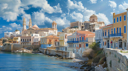 Colorful seaside buildings in Vaporia district of Ermoupoli town on Syros Island