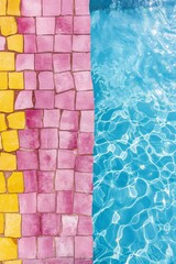 Wall Mural - Abstract mosaic tiles with yellow, pink and blue pattern in water. Summer vacation concept. Design for poster, wallpaper, and advertisement, banner with copy space.