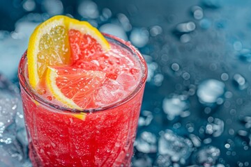 Wall Mural - A close up of a red drink with ice, a lemon slice in a glass