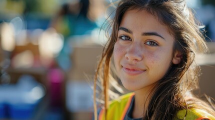 Wall Mural - The close up picture of the hispanic female volunteer is working while wearing volunteer vest with blur background and looking at something, the volunteer require skill teamwork and an empathy. AIG43.