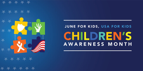 June is Children’s Awareness Month background template. Holiday concept. use to background, banner, placard, card, and poster design template with text inscription and standard color. vector.

