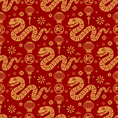 Wall Mural - Seamless pattern happy chinese new year 2025 the snake zodiac sign with asian elements paper cut style on color background. ( Translation : happy new year 2024 year of the snake )
