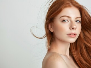 Beautiful Woman with perfect skin Portrait, redheaded Girl, empty copy space