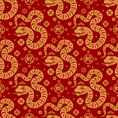 Wall Mural - Seamless pattern happy chinese new year 2025 the snake zodiac sign with asian elements paper cut style on color background. ( Translation : happy new year 2024 year of the snake )
