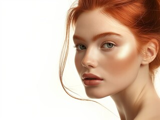 Wall Mural - Beautiful Woman with perfect skin Portrait, redheaded Girl, empty copy space