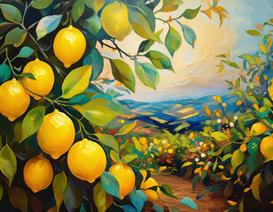 Wall Mural - An artistic painting featuring lemons on a tree with colorful leaves, highlighting vibrant colors.