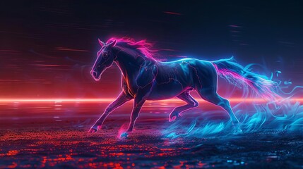 Poster - a majestic horse runs through a futuristic neon-lit landscape, with glowing trails creating a vibran