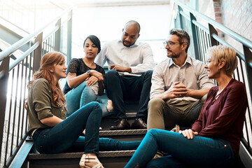 Office, steps and business people on break for talking, hangout and discussion to relax. Creative agency, men and women as journalist with conversation, opinion and listening in workplace stairs