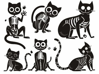 Wall Mural - Skeleton black cats. Funny pets. Modern illustration on white background. Tattoo set.