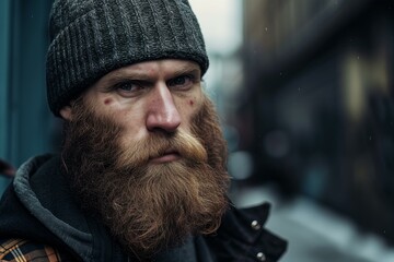 Wall Mural - Close-up of a thoughtful bearded man wearing a knit cap on a city street