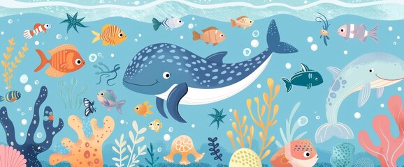 Wall Mural - Underwater animals on seabed. Cartoon sea creatures at sea bottom, coral reef stone plants at sea bottom, marine habitat life under water, clever modern illustration.