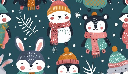 Sticker - Cartoon animals wearing warm winter scarves and hats. Polar bear, bunny, raccoon, penguin. Red, white, and black modern background.