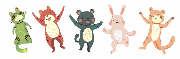 Poster - Animated cartoons of bear, tiger, frog, bunny, cat having fun on white background. Wildlife, childhood, decorations concept.