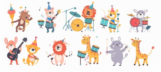 Wall Mural - Animal musician party. Wild animals play musical instruments. Cartoon characters in celebration or festival. Modern funny musicians.