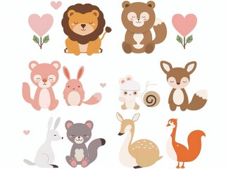 Wall Mural - Wild forest, zoo, or farm animal cartoon character hugging and kissing set