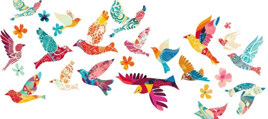 Poster - Set of modern illustrations of a bird with a flower in his beak, flying high in folk art ornament pattern