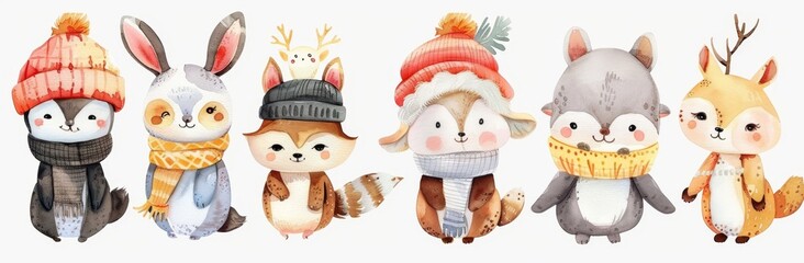 Sticker - Watercolor set of winter animals with sweaters and hats for new year cards, merry christmas cards, cute bear character isolated on white winter animals trending cute