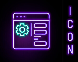Poster - Glowing neon line Browser setting icon isolated on black background. Adjusting, service, maintenance, repair, fixing. Colorful outline concept. Vector