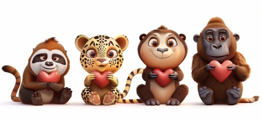 Sticker - Cartoon animals illustration of a sloth, leopard, and monkey. 3D modern art illustration of cute animals