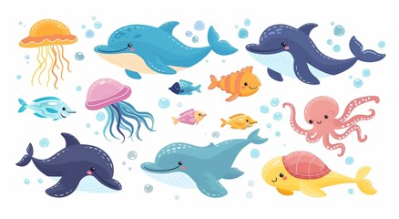 Wall Mural - A set of isolated flat cartoon icons of ocean animals. Seaweed, algae, seashells, jellyfish and whales, sharks and turtles, squids and clown fish.