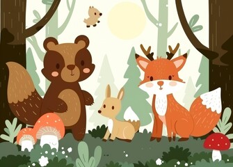 Wall Mural - Illustration of woodland forest animals including bears, deers, foxes, raccoons, hedgehogs, squirrels, and rabbits.