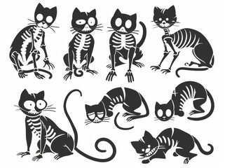 Wall Mural - An illustration of skeleton black cats. A collection of silhouetted halloween cats with bones costumes on a white background. Funny pets. Modern illustration.