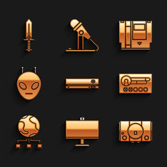 Poster - Set Video game console, Computer monitor, Create account screen, network, Alien, Cartridge and Sword for icon. Vector