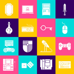 Poster - Set Create account screen, Gamepad, Computer mouse, keyboard, Bottle with magic elixir, Poker table and Ancient for game icon. Vector