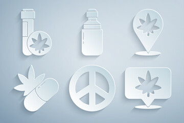 Wall Mural - Set Peace, Location and marijuana, Medical pills with, cannabis, Marijuana or olive oil and Chemical test tube icon. Vector