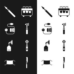 Poster - Set Medical otoscope tool, Blood pressure, surgery scalpel, Test tube and flask, oxygen mask, Electric toothbrush, saw and protective icon. Vector