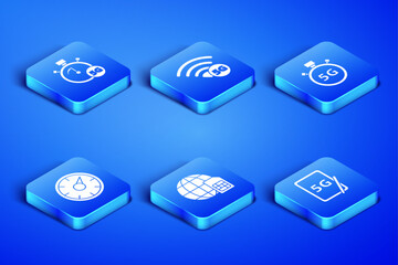 Poster - Set Graphic tablet with 5G, Digital speed meter, Globe Sim Card, network and icon. Vector