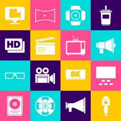 Sticker - Set Microphone, Cinema auditorium with seats, Megaphone, Movie spotlight, clapper, Hd movie, tape, frame, Camera and location and Retro tv icon. Vector