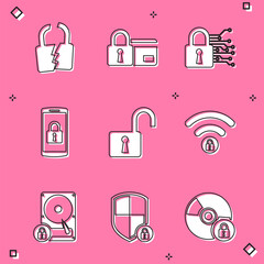 Poster - set broken or cracked lock, credit card with, cyber security, smartphone, open padlock and wifi lock