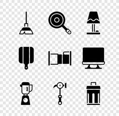 Sticker - Set Handle broom, Frying pan, Table lamp, Blender, Hammer, Trash can, Cutting board and Bed icon. Vector