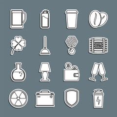 Sticker - Set line Fitness shaker, Glasses of champagne, Wooden barrel with rum, Coffee cup, Rubber plunger, Four leaf clover, beer and Industrial hook icon. Vector