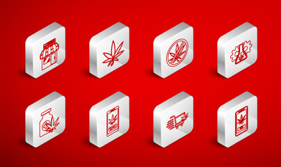 Sticker - Set line Online buying marijuana, Marijuana or cannabis leaf, Stop, Test tube with, Shopping cart, and store, and Medical bottle icon. Vector