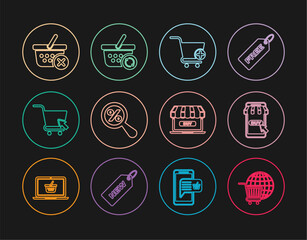 Sticker - Set line Shopping cart with globe, Mobile and shopping, Add to, Magnifying glass percent, cursor, Remove basket, Online and Refresh icon. Vector