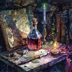 Wall Mural - Dark Rituals: Witch's Potion and Enchanted Dagger. Mystical Occult Symbols in Watercolor Illustration