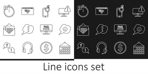 Poster - Set line Calendar, Speech bubble with sad smile, Mobile service, Exclamation, Envelope, Stopwatch, Monitor FAQ information and No Internet connection icon. Vector