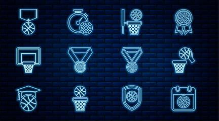 Poster - set line basketball on sport calendar, and basket, medal, backboard, and stopwatch with basketball i