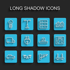 Poster - Set line Car, Drone flying, Light bulb, Security camera, Router and wi-fi signal, Electric plug, Bathroom scales and icon. Vector