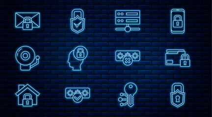 Fototapete - Set line Lock, Folder and lock, Server, Data, Web Hosting, Human head with, Ringing alarm bell, Mail message password, Password protection and check mark icon. Vector