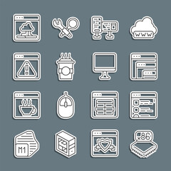 Poster - set line processor with microcircuits cpu, browser files, software, computer monitor screen, coffee 