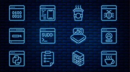 Fototapete - Set line Software, Create account screen, Coffee cup to go, Code terminal, Search engine, Binary code, Processor with microcircuits CPU and icon. Vector