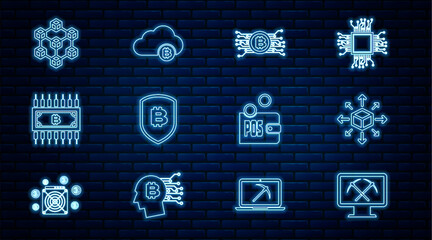 Poster - Set line Mining with monitor and pickaxe, Distribution, Cryptocurrency bitcoin circuit, Shield, Blockchain technology, Proof of stake and cloud mining icon. Vector