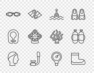 Canvas Print - Set line Diving hood, Boots, Floating buoy, Snorkel, Glasses for swimming, Aqualung, Gauge scale and icon. Vector