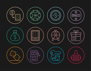 Poster - Set line Winner holding prize ticket, Gift box, Coin money with dollar, Lottery, Money bag, Casino chips exchange, Lucky wheel and icon. Vector