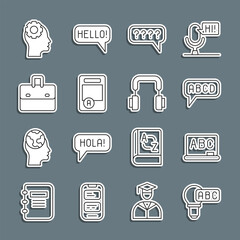 Poster - set line creative lamp light idea, chalkboard, alphabet, speech bubbles with question, exam sheet pl