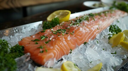 Sticker - Freshly caught salmon displayed on a bed of crushed ice, accompanied by vibrant lemon wedges and sprigs of parsley