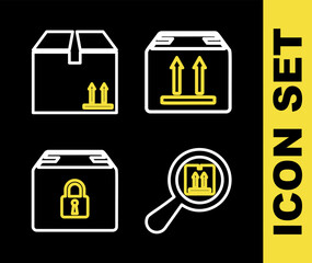 Poster - set line cardboard box with traffic, search package, locked and icon. vector